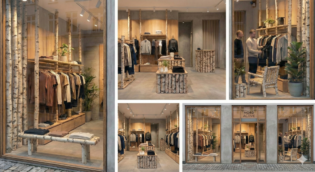 白樺素材を活用した店舗デザイン複数事例 - NORD ACTIVEのディスプレイ