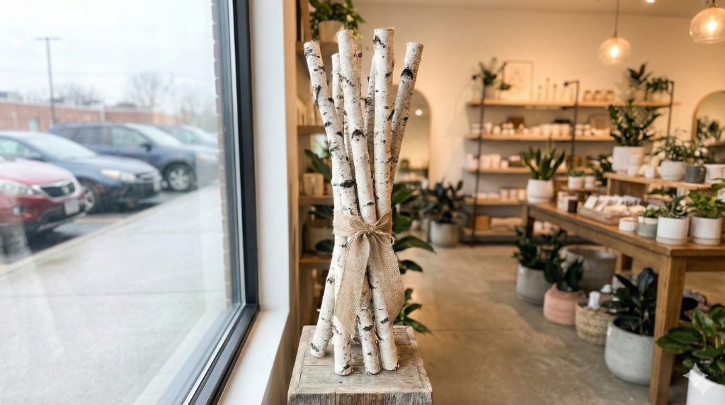 白樺を使った店舗ディスプレイ事例 - ナチュラルで洗練された空間演出